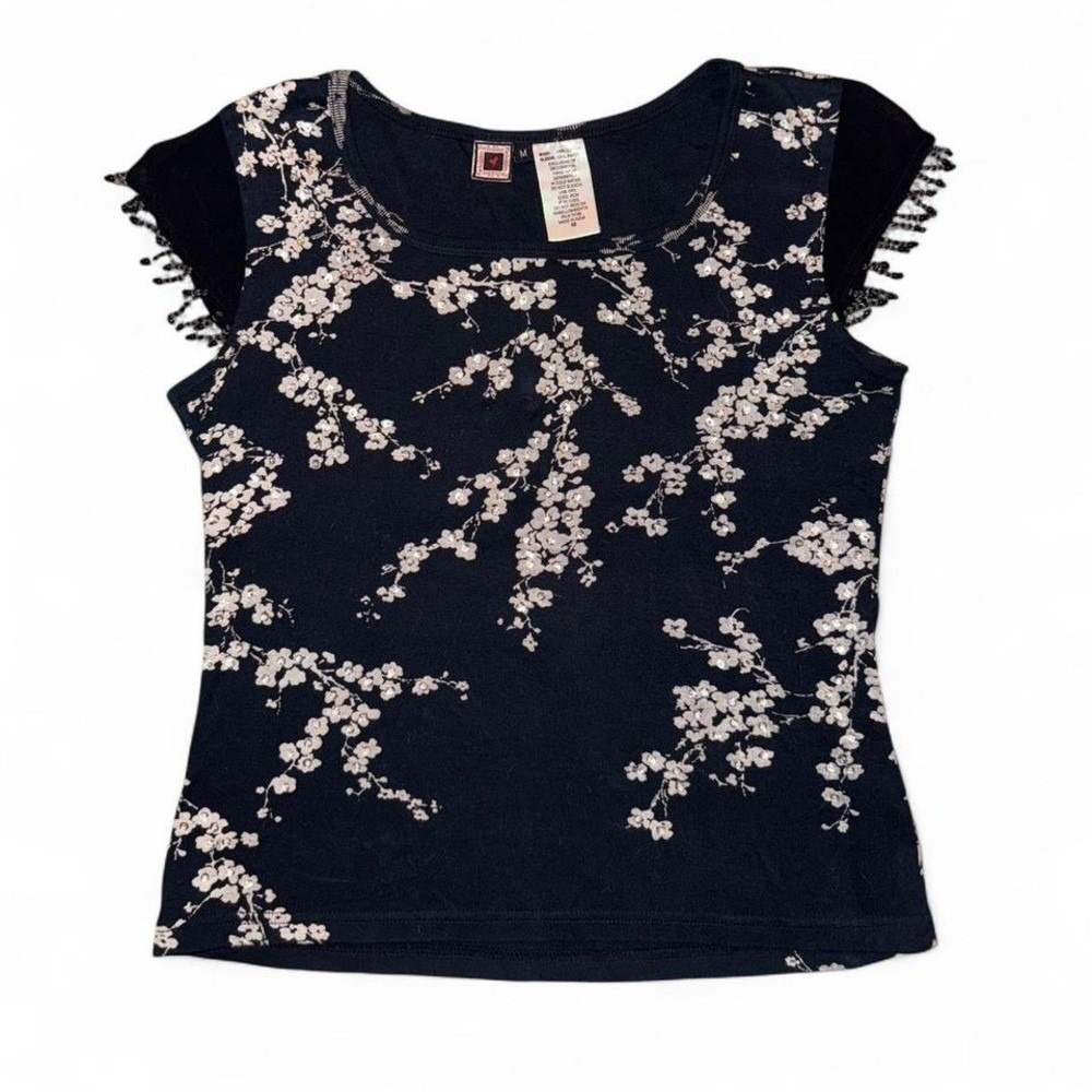 Forbidden Navy & White Floral Blossom Beaded Sequin Crop T Shirt Med VTG Y2K